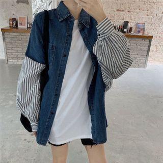 Long-sleeve Striped Panel Denim Shirt Blue - One Size