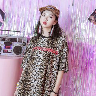 Leopard Print Letter Elbow-sleeve T-shirt