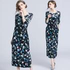Elbow-sleeve Floral Print Midi Velvet Dress