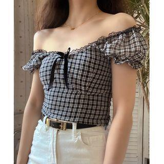 Off-shoulder Check Slim-fit Blouse