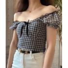 Off-shoulder Check Slim-fit Blouse