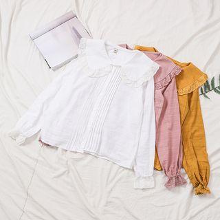 Frilled Trim Long Sleeve Pleated Blouse