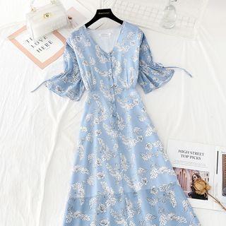 Short-sleeve Tie-cuff Floral Print Midi Chiffon Dress