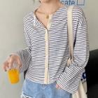 Long-sleeve Striped Buttoned Knit Top Stripe - One Size