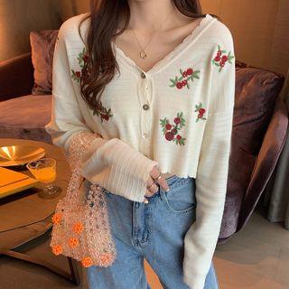 Floral Print Cropped Cardigan Whitish Almond - One Size