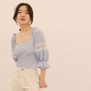 Puff-sleeve Striped Lace Trim Blouse