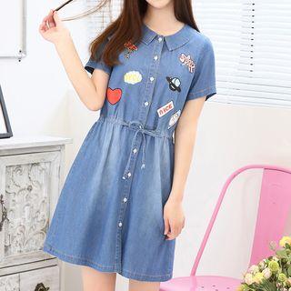 Printed Short-sleeve Denim A-line Dress