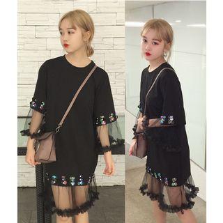 Mesh Panel Sequined 3/4 Sleeve Midi Dress