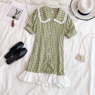 Ruffle Hem Plaid Short-sleeve Shirt Dress