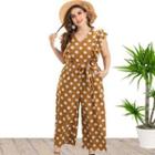 Plus Size Sleeveless Ruffled Trim Dot Wide Leg Jumpsuit