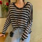 Striped Cold-shoulder Long-sleeve Knit Top Stripe - One Size
