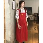 Flower Print Elbow-sleeve Blouse / Pocket Detail Midi Pinafore Dress