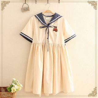 Bear Embroidered Sailor Collar Dress