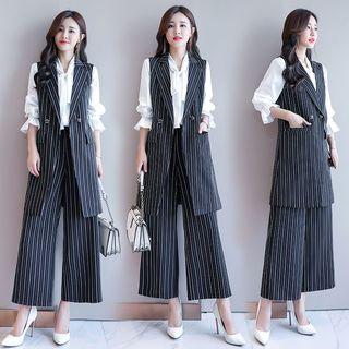 Striped Long Vest / Crop Wide Leg Pants / Blouse / Set