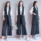 Striped Long Vest / Crop Wide Leg Pants / Blouse / Set
