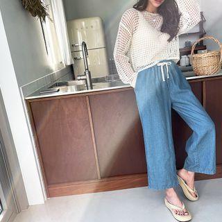Drawcord Wide Denim Pants Blue - One Size