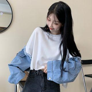 Denim Panel Cropped Sweatshirt