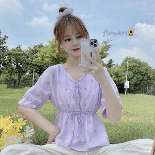 Floral Short-sleeve Tie-waist Blouse