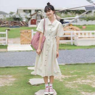 Elbow-sleeve Tie-waist Midi Shirtdress Almond - One Size
