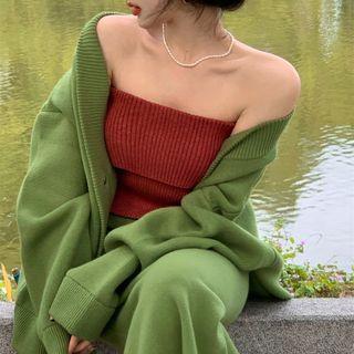 Plain Cardigan / Knit Tube Top / Midi Pencil Skirt