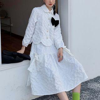 Bow Button-up Jacket / Plain Midi Skirt