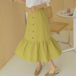 Button-detail Frill-hem Long Skirt