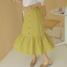 Button-detail Frill-hem Long Skirt