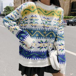 Crew Neck Print Sweater White & Green - One Size