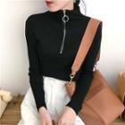 Ring-accent Mock-neck Long-sleeve Slim-fit Knit Top