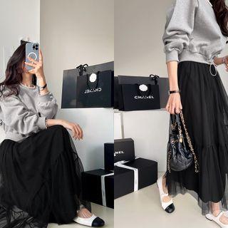 Inset Drawstring Sweatshirt Long Mesh Skirt Gray - One Size