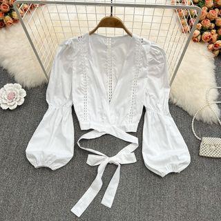 Eyelet Lace Trim Tie Waist Crop Blouse