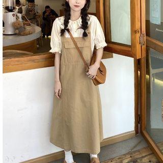 Puff-sleeve Ruffle Trim Blouse / Midi Overall Dress