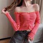 Striped Off-shoulder Long-sleeve Knit Cropped Top