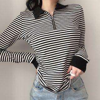 Collared Zip-up Striped Top