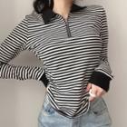Collared Zip-up Striped Top