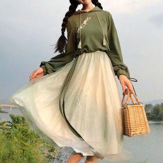 Embroidered Hoodie / Sheer A-line Midi Skirt