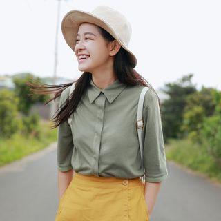 Elbow-sleeve Chiffon-trim Shirt