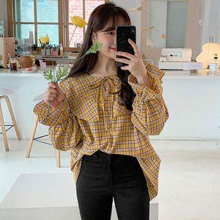 Plus Size Layered-collar Beribboned Checked Blouse