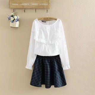Set: Ruffled Blouse + Plaid Skirt