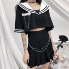 Sailor Collar Elbow-sleeve Blouse / Chain Detail Mini Pleated Skirt / Set