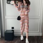 Long-sleeve Color Matching Strip Dress As Shown In Figure - One Size