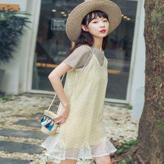 Set: Crew-neck Short-sleeve T-shirt + Lace Trim Spaghetti Strap Dress