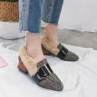 Pointed Block Heel Furry-trim Buckled Loafers