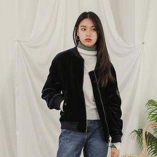 Zip-detail Velvet Flight Jacket Navy Blue - One Size