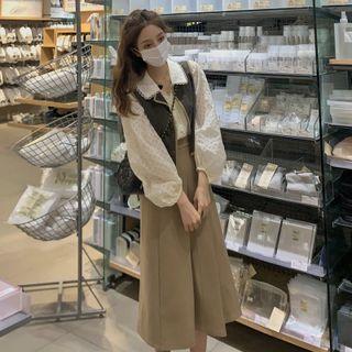 Puff-sleeve Blouse / Button-up Vest / Midi A-line Skirt