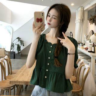 Ruffle Trim Square Neck Puff Sleeve Blouse