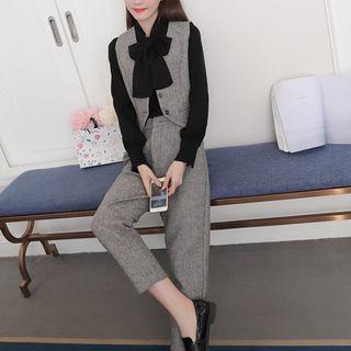 Set: Ribbon Accent Blouse + Vest + Pants