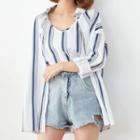 Set: Long Sleeve Striped Blouse + Camisole Top Blue - One Size