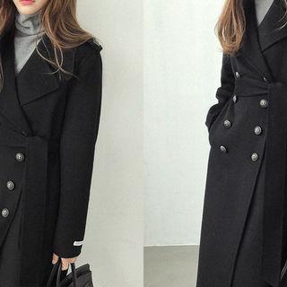 Epaulet Double-breasted Wool Blend Long Coat
