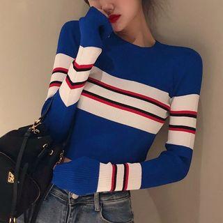 Striped Crop Knit Top Top - Blue - One Size